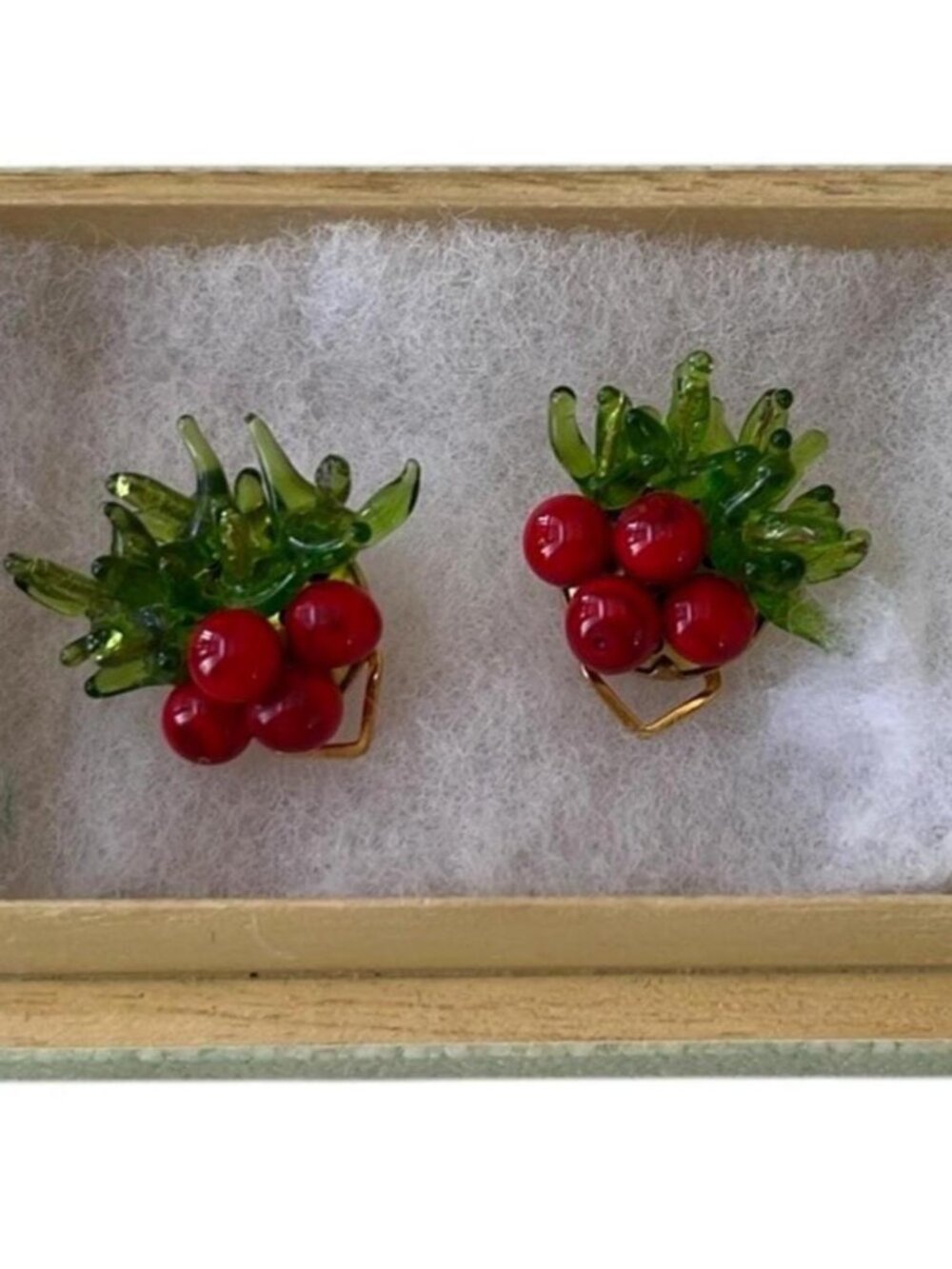 Murano Cherry Cluster Clip-On Earrings, Stamped Italy, Italian Glass - 1950s